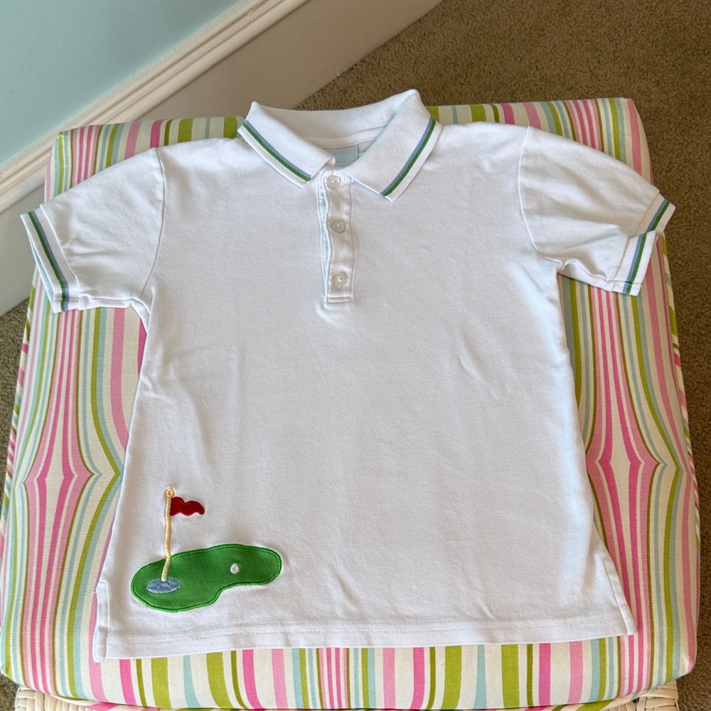 Boys Little English White Polo with Green Golf Patch, size 8